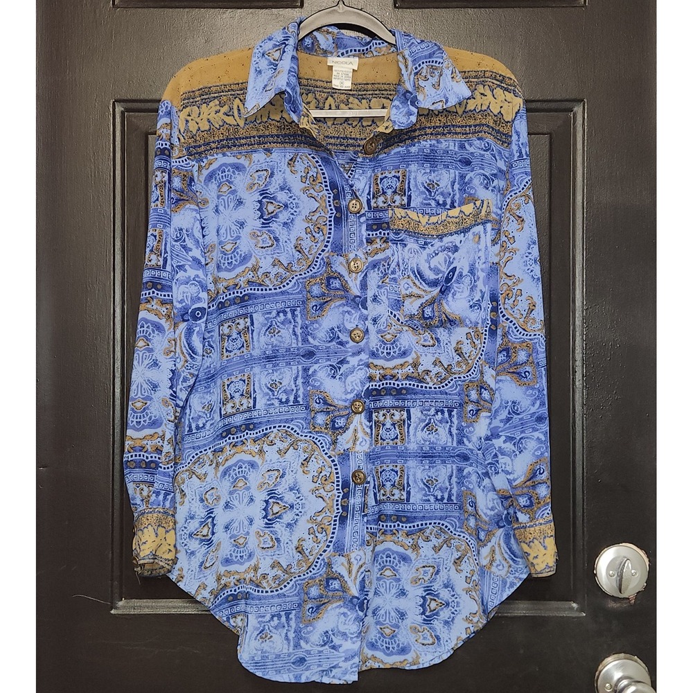 Nicola Longsleeve Sheer Top Women's Blouse Medium Collared Button Down Blue Poly